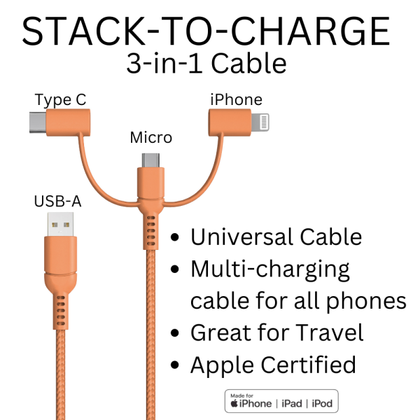 Stack-to-Charge 3-in-1 USB Cable - Tangerine - Image 2