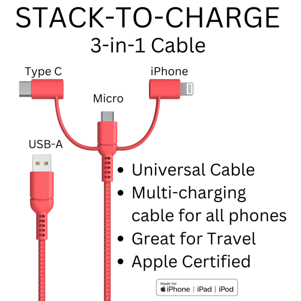 Stack-to-Charge 3-in-1 USB Cable - Coral - Image 2