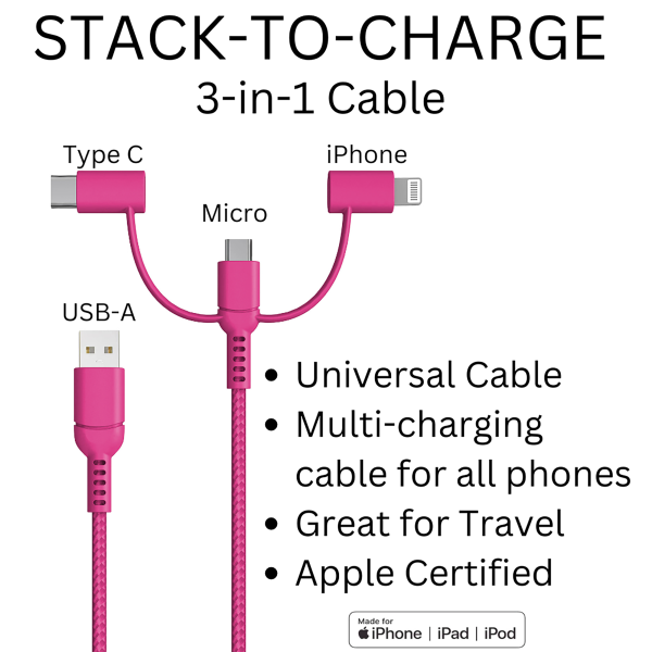Stack-to-Charge 3-in-1 USB Cable - Hot Pink - Image 2