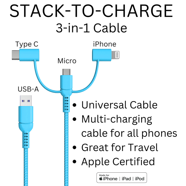 Stack-to-Charge 3-in-1 USB Cable - Turquoise - Image 2